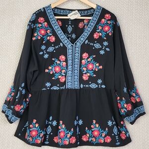 Savanna Jane Peplum Top Womens Large Black Embroidered V Neck Floral